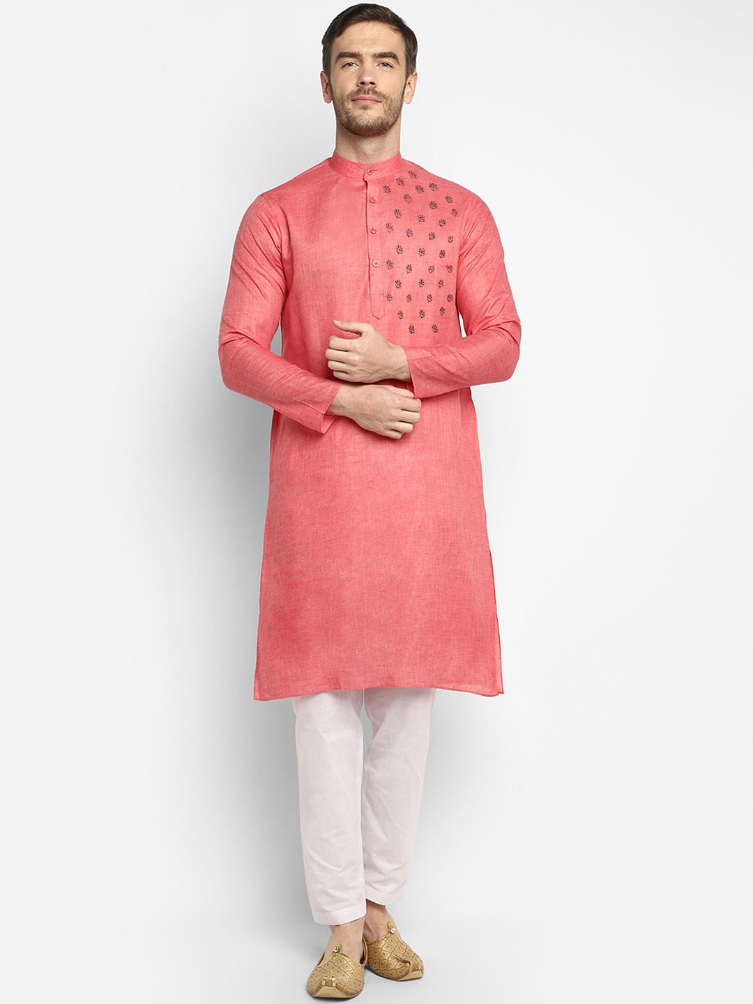 

DEVOILER Men Peach-Coloured & White Ethnic Motifs Yoke Design Kurta with Pyjamas