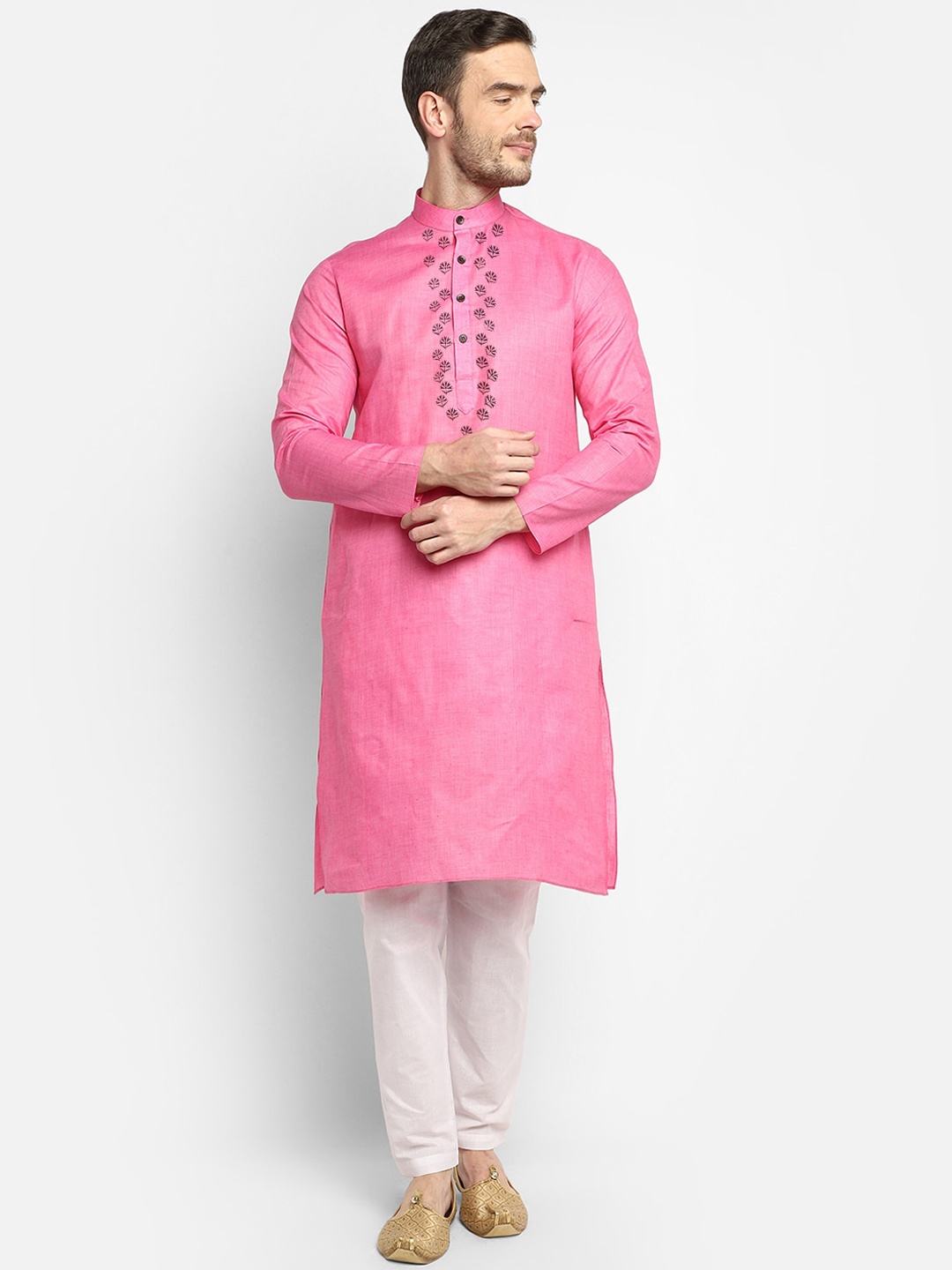 

DEVOILER Men Pink & White Ethnic Motifs Yoke Design Kurta with Pyjamas