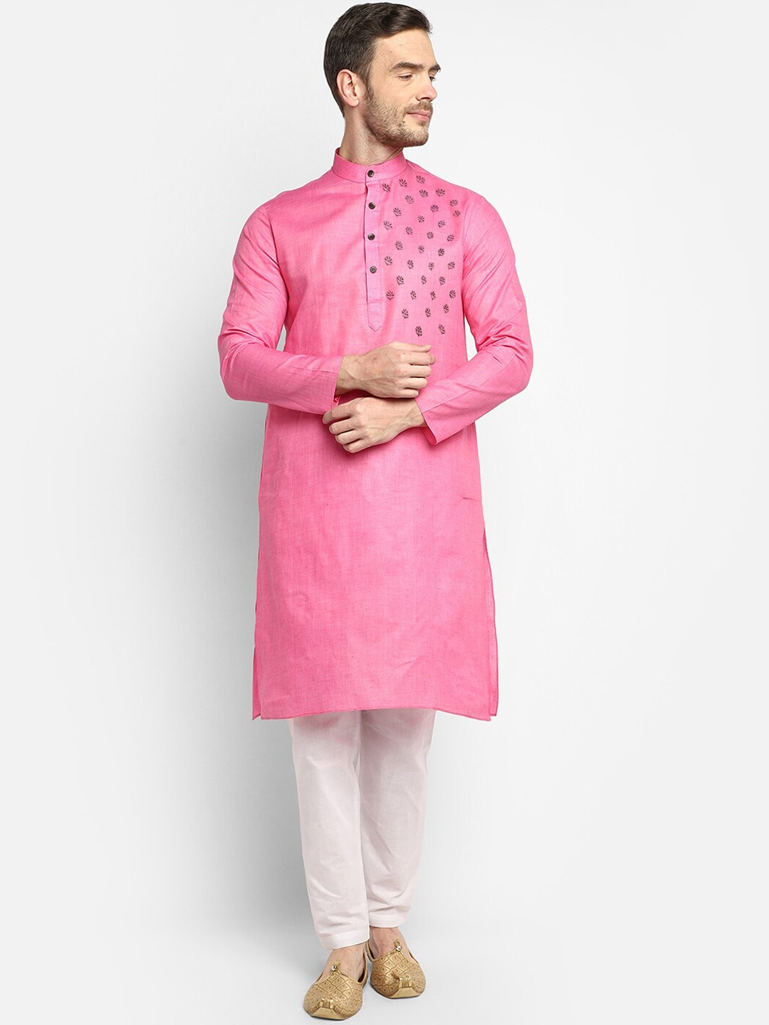 

DEVOILER Men Pink & White Ethnic Motifs Yoke Design Kurta with Pyjamas