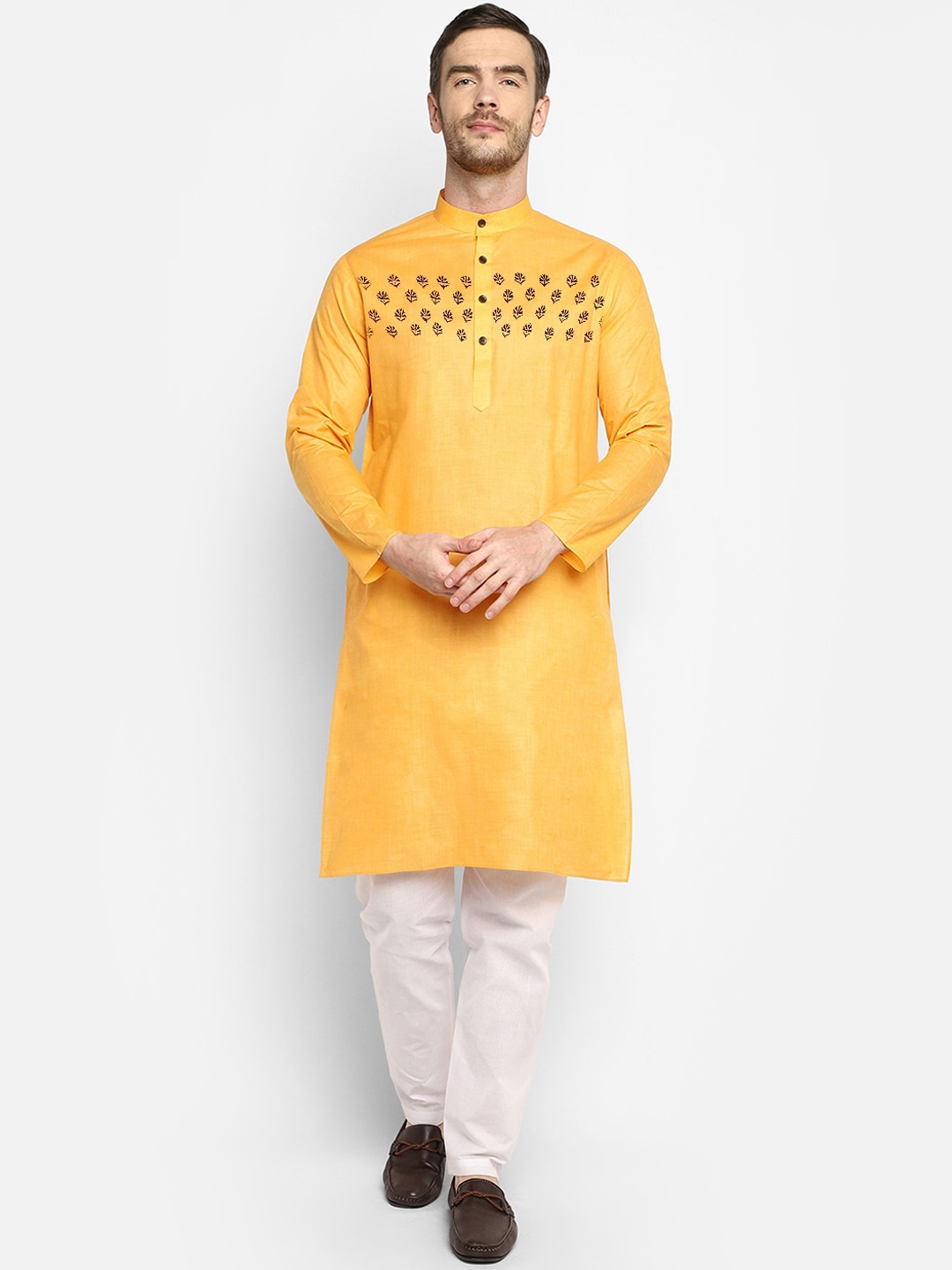 

DEVOILER Men Mustard & White Yellow Ethnic Motifs Yoke Design Kurta with Pyjamas