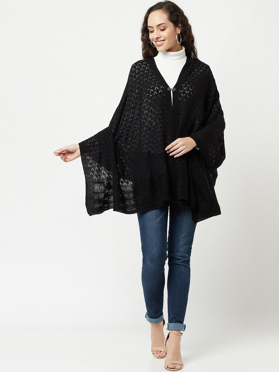 

Knitstudio Women Black Solid Knitted Shawl