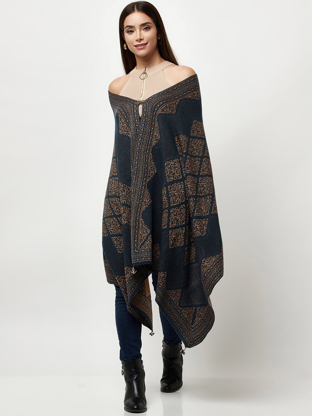 

Knitstudio Women Teal Green Paisley Printed Knitted Shawl