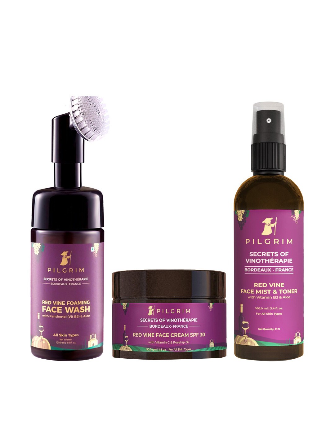 

Pilgrim Brightening Bundle with SPF 30 for Instant Hydration & Visibly Bright Skin( 120ml + 50g + 100ml), Magenta