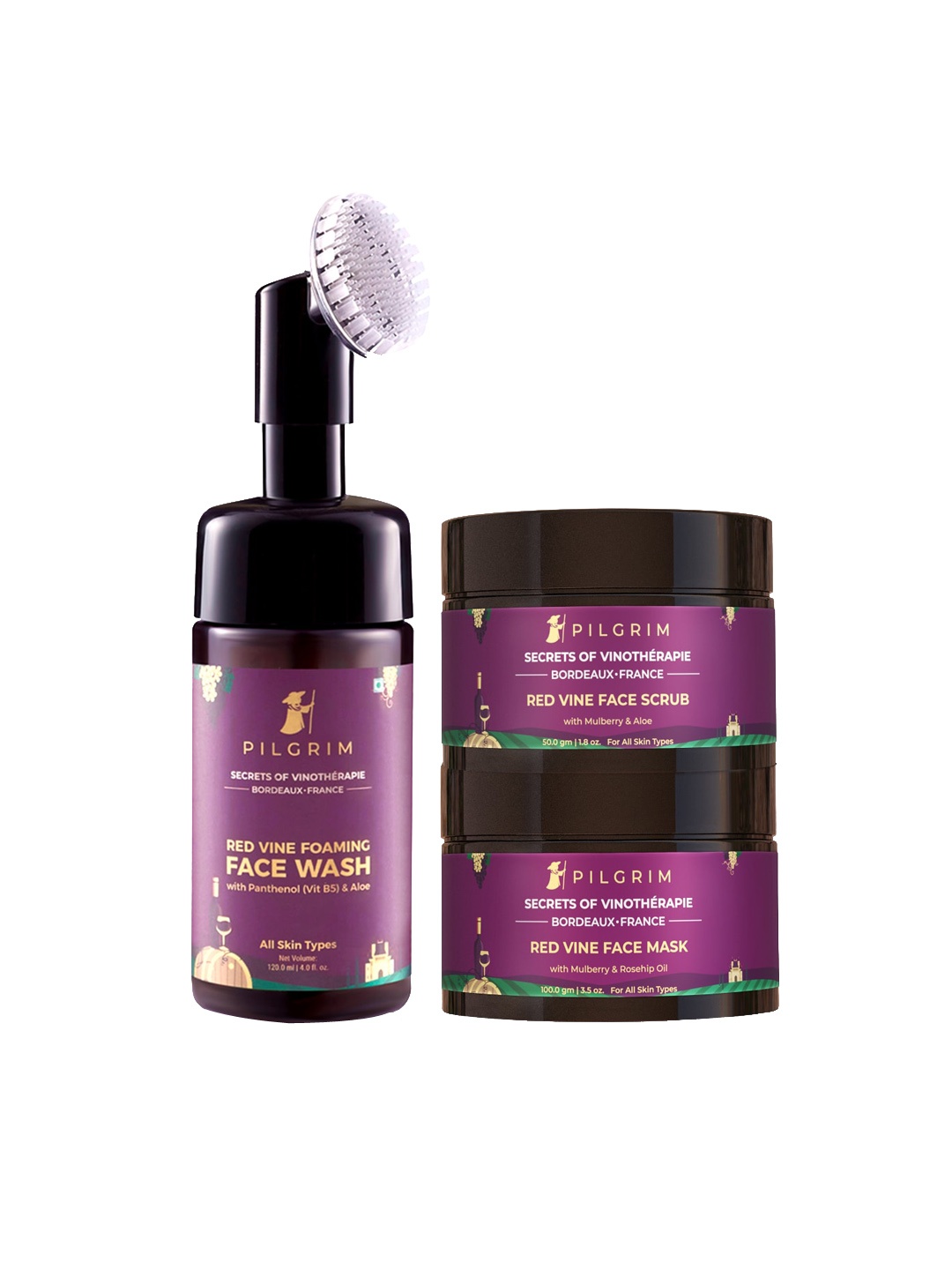 

Pilgrim Set Of 3 Magenta Red Vine Face Wash, Face Scrub & Face Mask 270ml