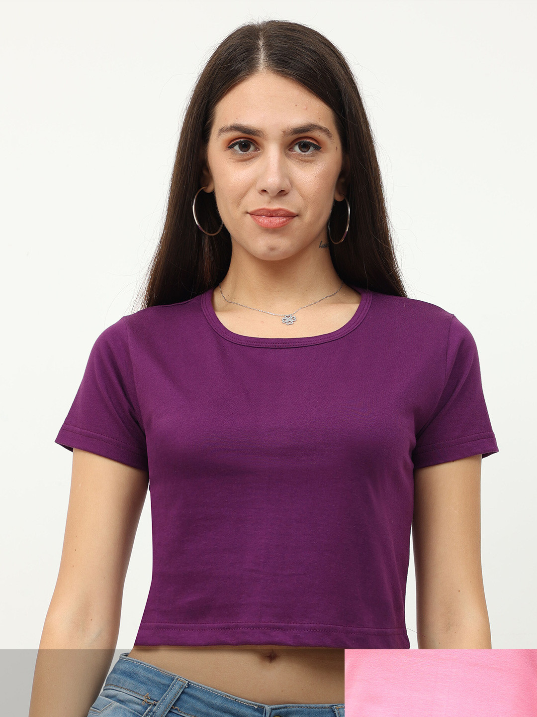 

Fleximaa Women Pack of 2 Purple & Pink Crop Pure Cotton Top