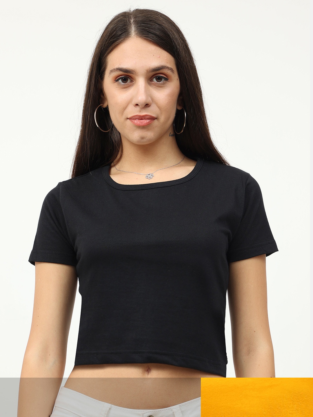 

Fleximaa Pack of 2 Black & Yellow Round Neck Crop Pure Cotton Top