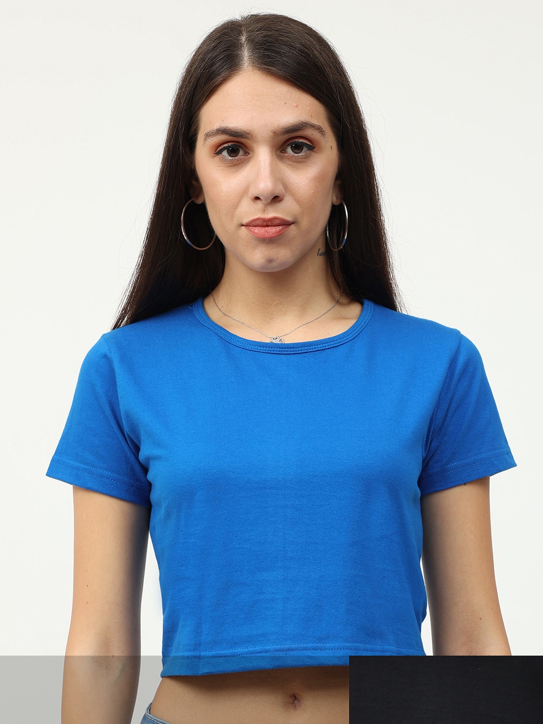 

Fleximaa Women Pack of 2 Blue & Black Round Neck Crop Pure Cotton Top