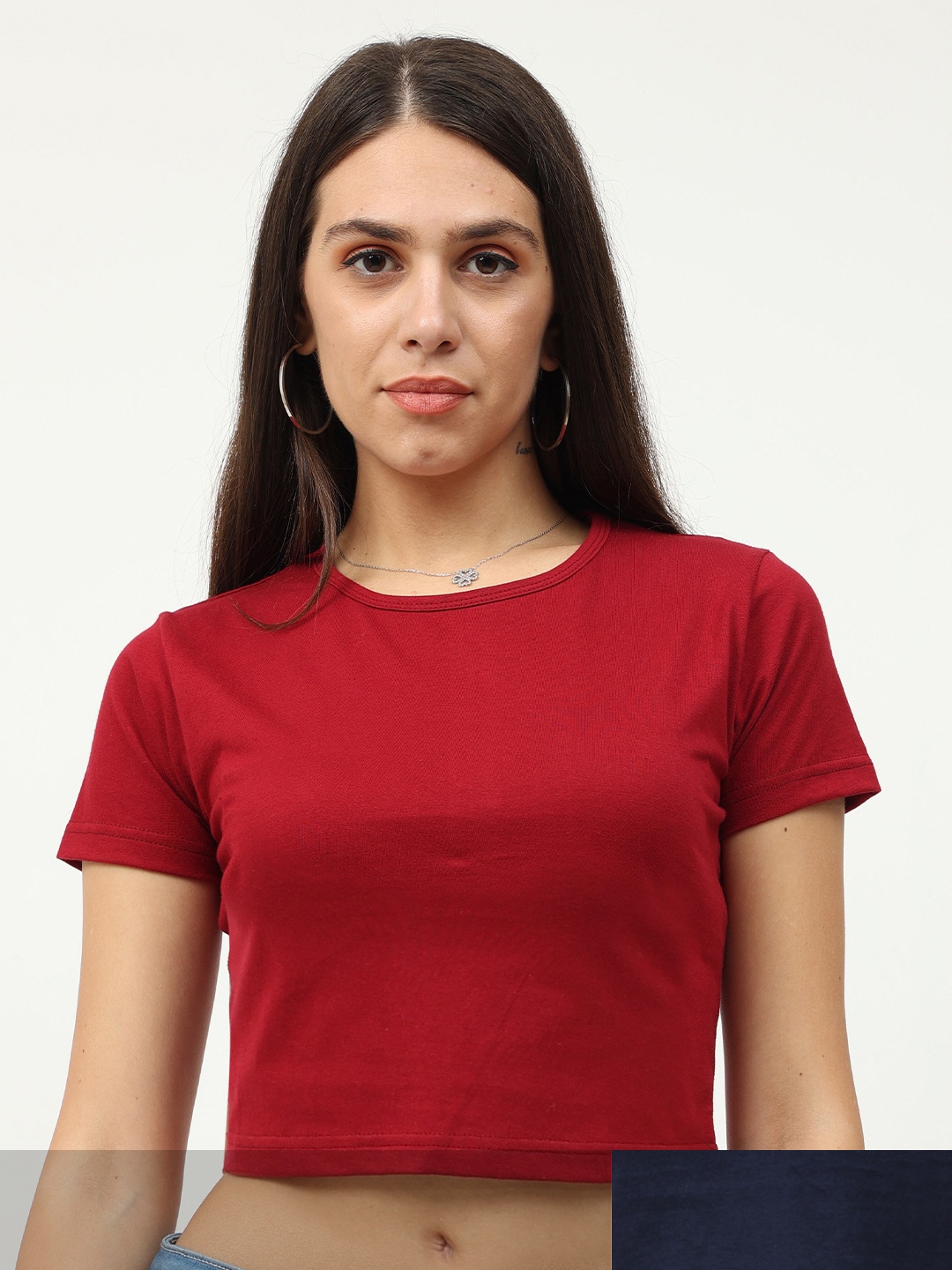 

Fleximaa Women Pack of 2 Maroon & Navy Blue Solid Round Neck Crop Pure Cotton Top