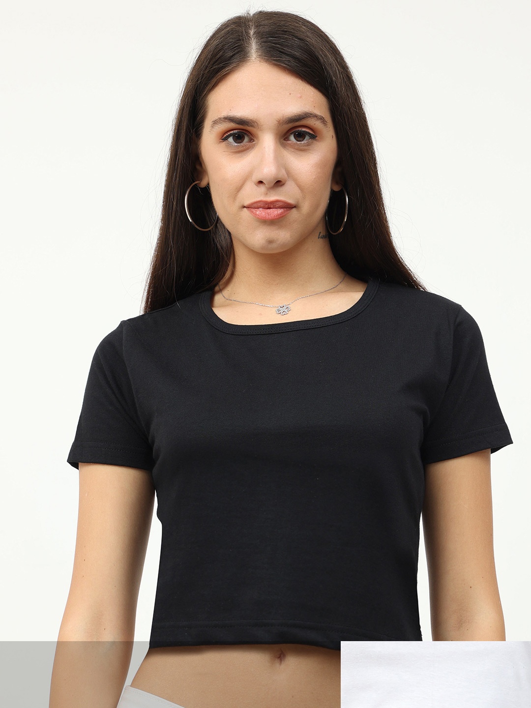 

Fleximaa Women Pack of 2 White & Black Solid Round Neck Crop Pure Cotton Top