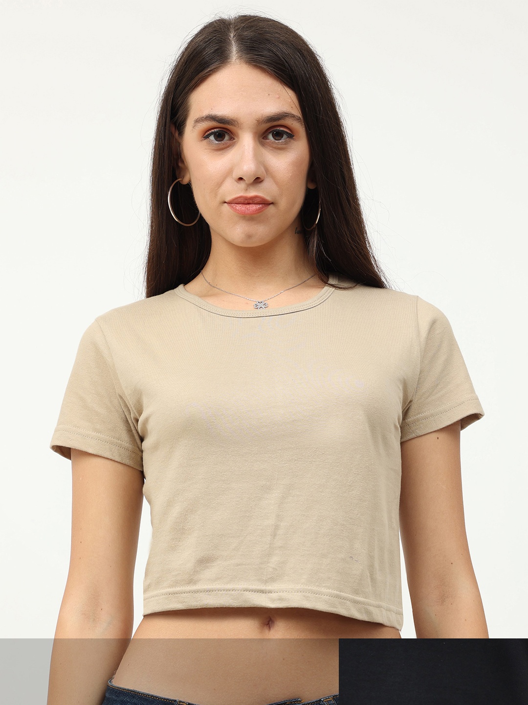 Fleximaa Women Pack of 2 Beige & Black Solid Round Neck Crop Pure Cotton Top