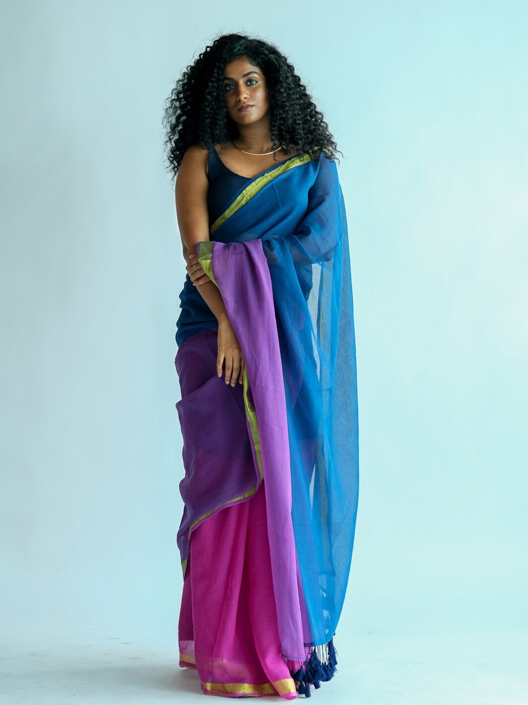 

Suta Purple & Blue Colourblocked Zari Saree