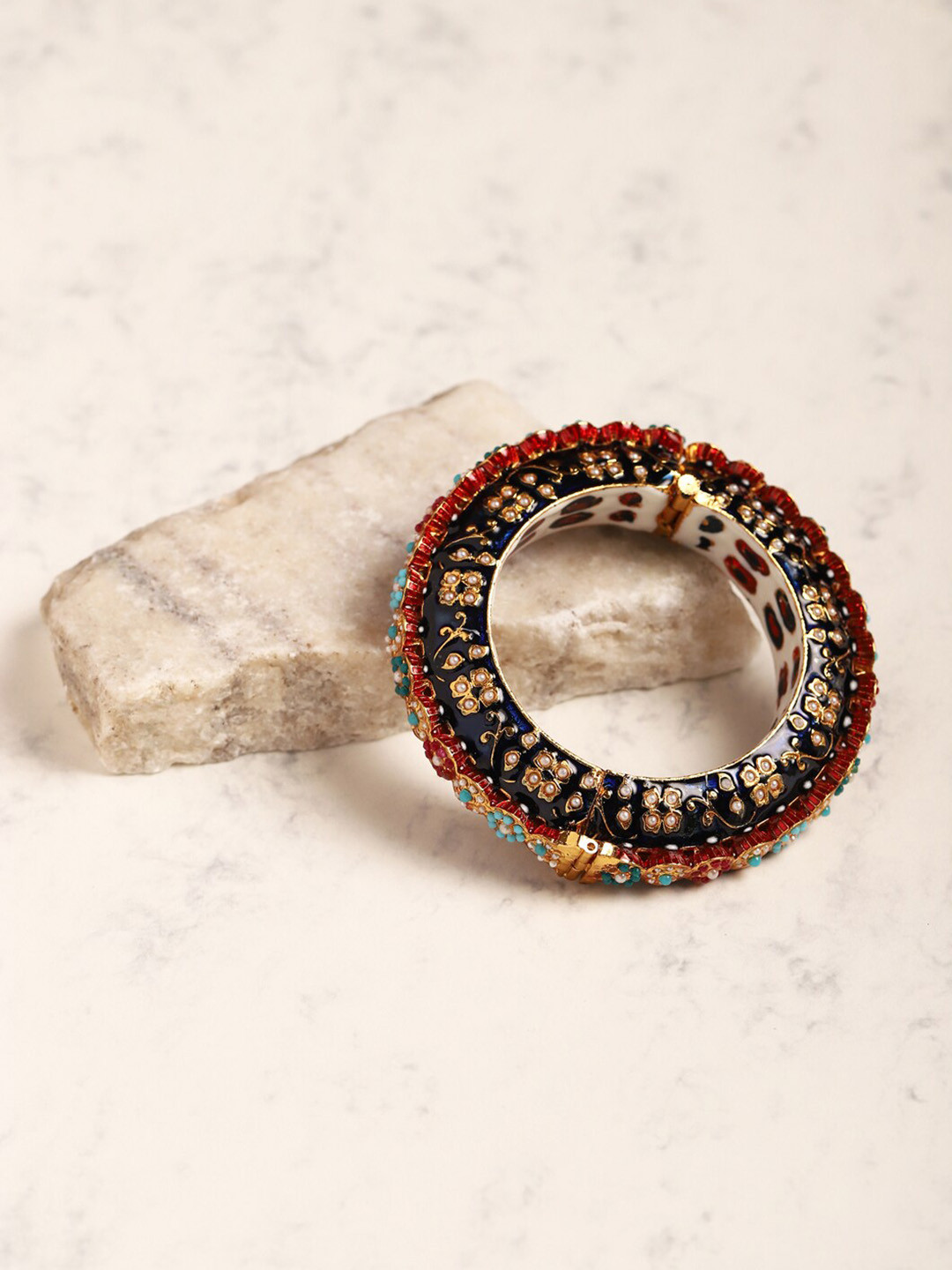 

Ruby Raang Gold-Plated Blue & White Kundan Studded & Pearls Beaded Bangle