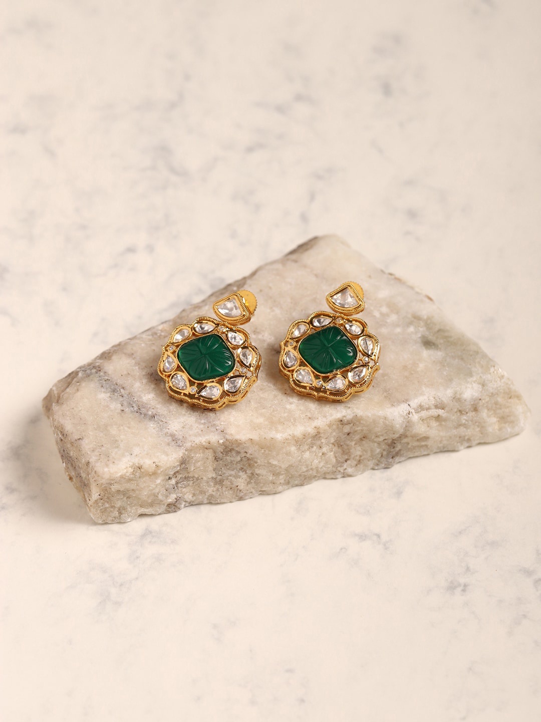 

Ruby Raang Green & Gold Plated Kundan Studs Earrings