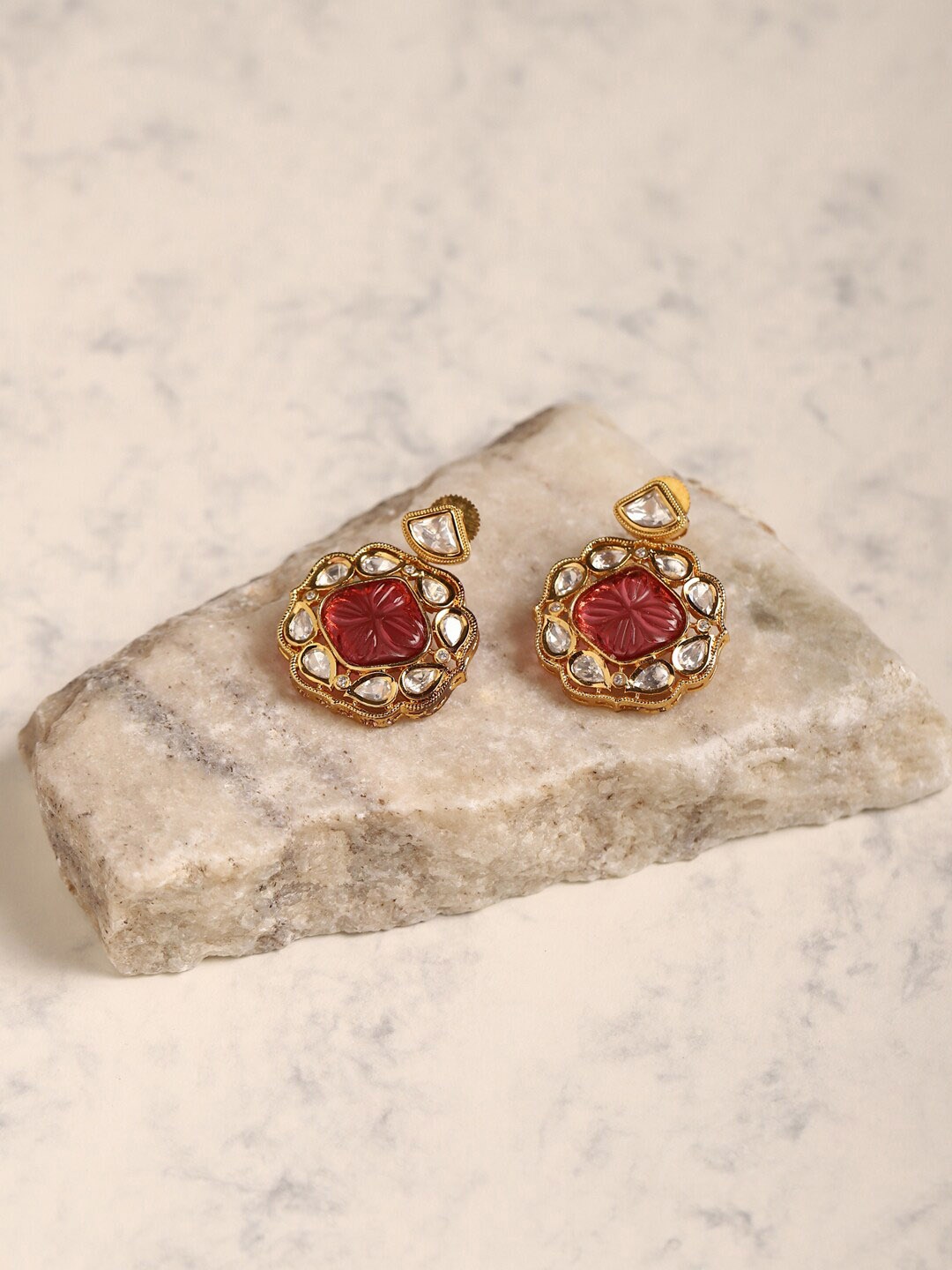 

Ruby Raang Pink Gold-Plated Contemporary Drop Earrings