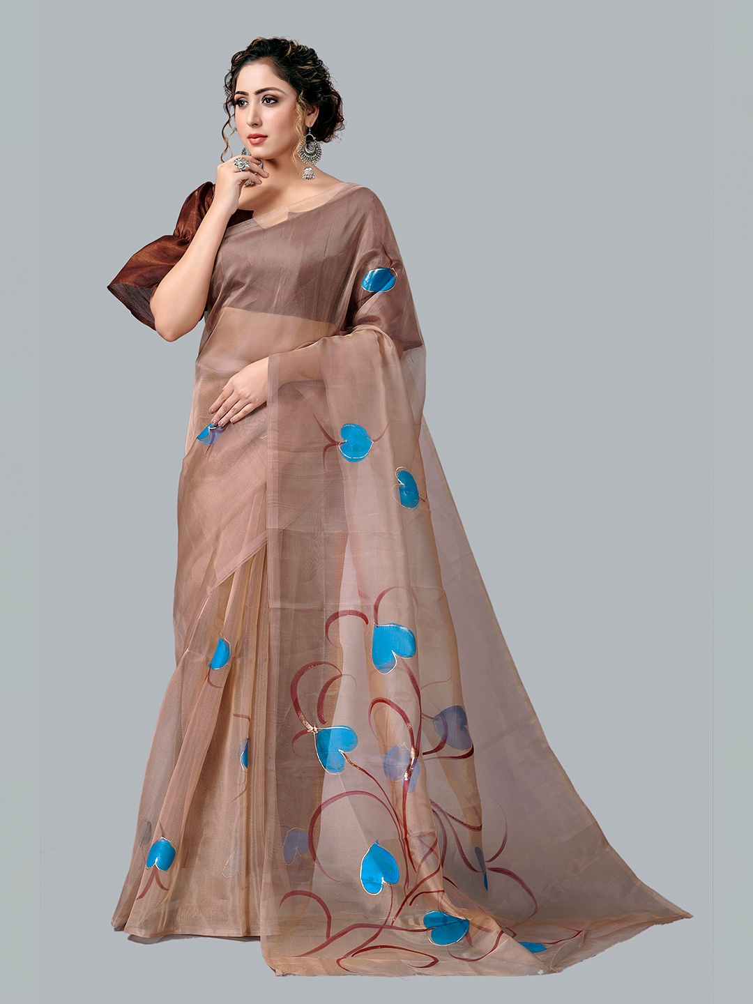 

Fashion FRICKS Brown & Blue Floral Organza Saree
