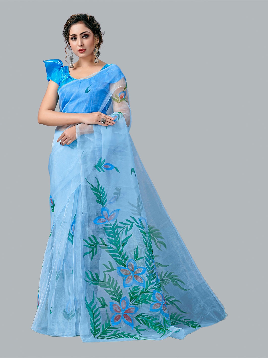 

Fashion FRICKS Blue & Green Floral Organza Saree