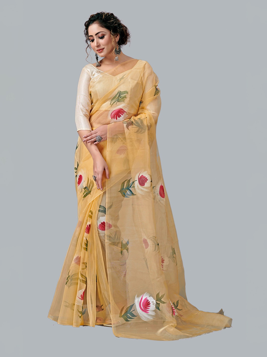 

Fashion FRICKS Yellow & Red Floral Organza Saree