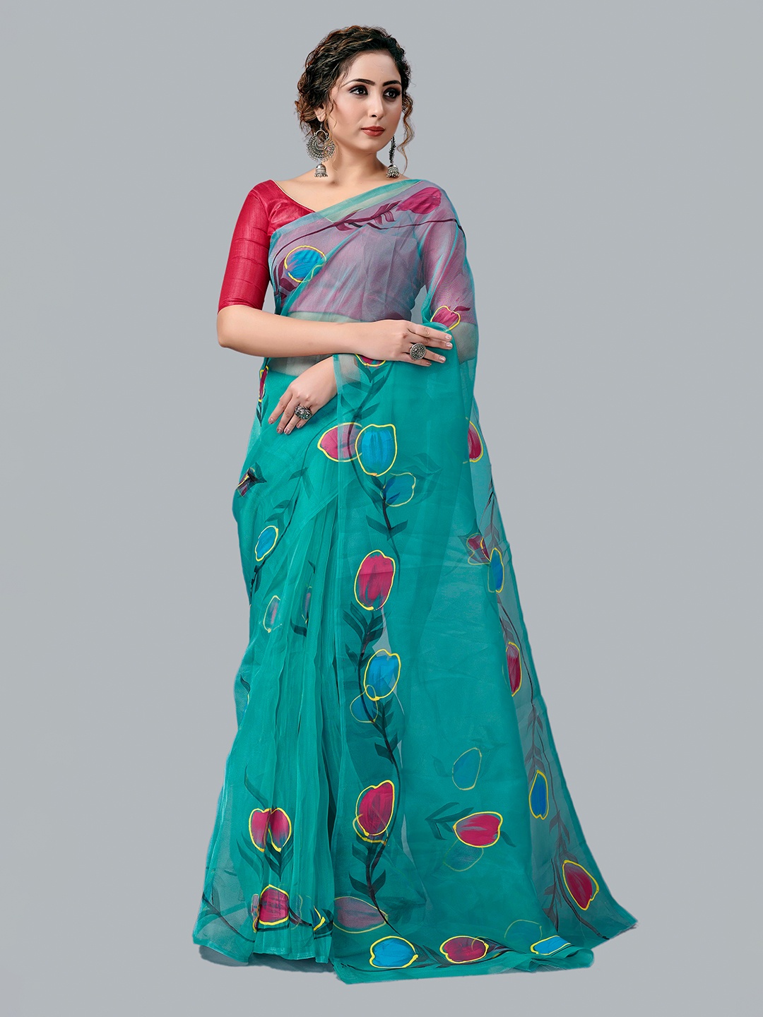 

Fashion FRICKS Blue & Pink Floral Embroidered Organza Saree