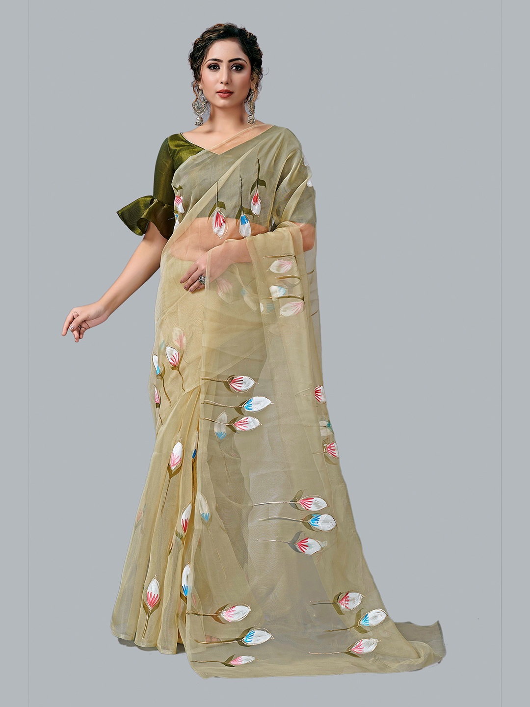 

Fashion FRICKS Green & Blue Floral Organza Saree
