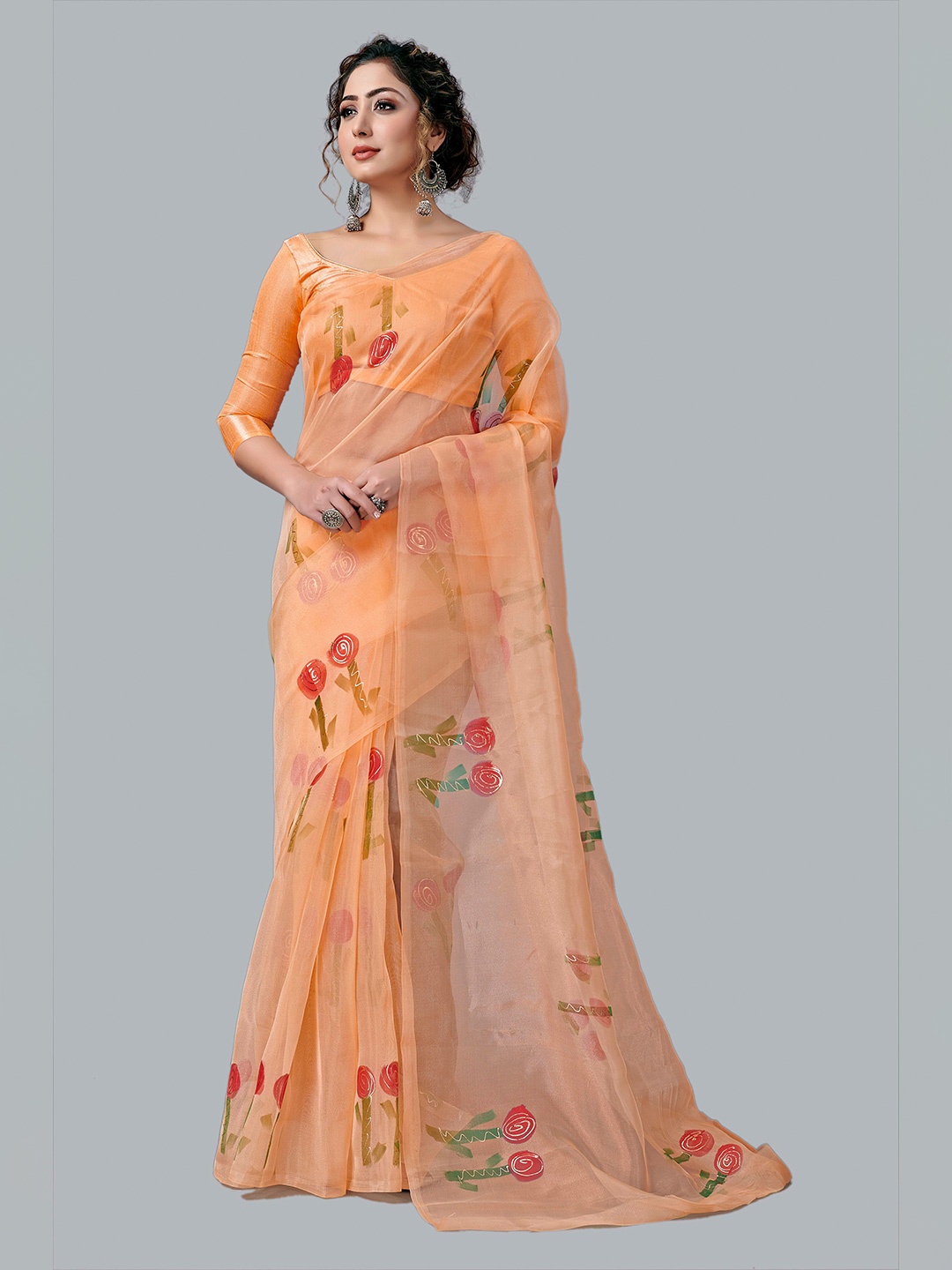 

Fashion FRICKS Orange & Red Floral Embroidered Organza Saree