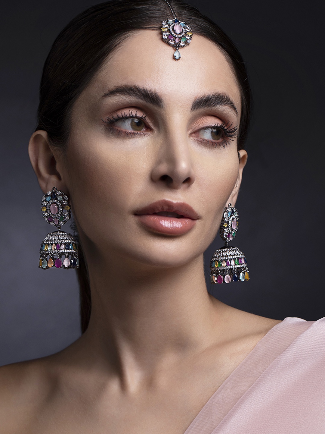 

Rubans Silver-Plated & Pink Stone-Studded Earrings & Maang Tikka