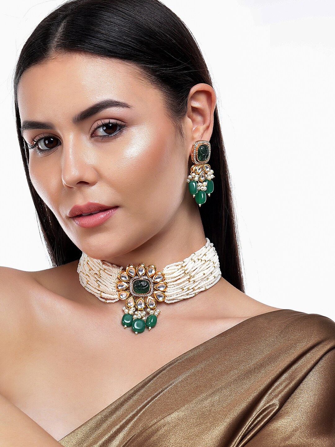 

Rubans 18K Gold Plated White & Green Kundan Stone Studded Pearl & Green Beaded Choker Set