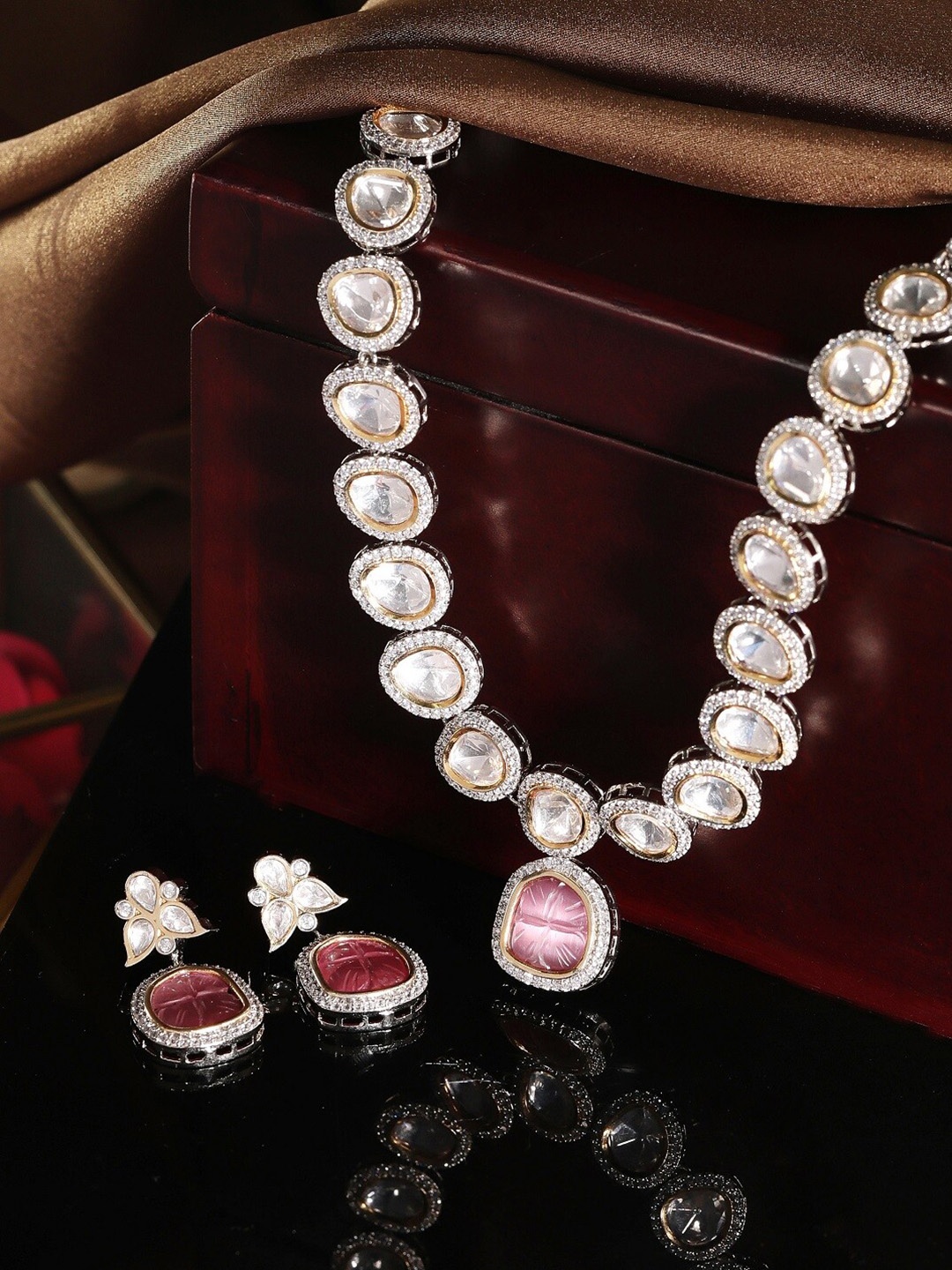 

Rubans Silver-Plated White & Pink Kundan-Studded Jewellery Set