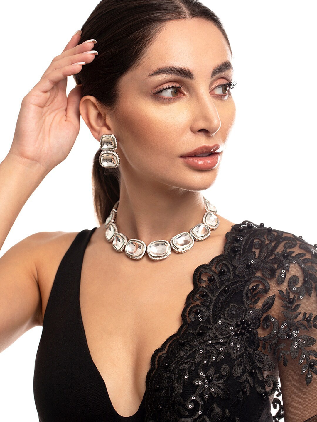 

Rubans Silver-Plated Polki and Cubic Zirconia Studded Premium Jewellery Set