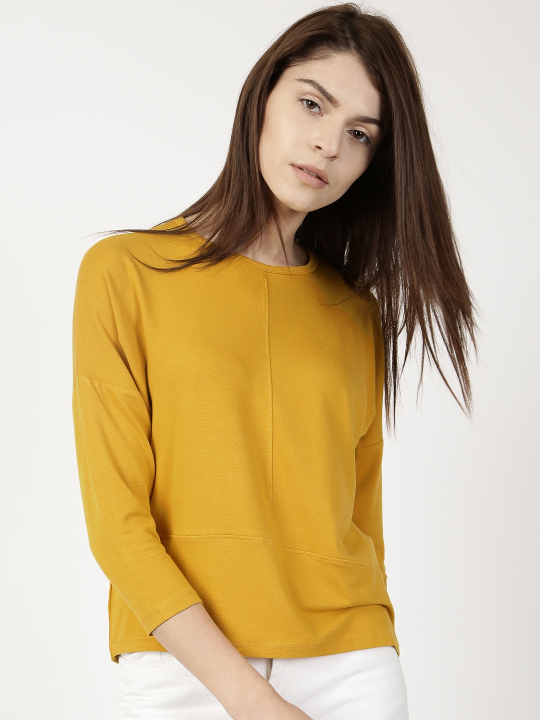 

ether Women Mustard Yellow Solid Drop Shoulder Quarter Sleeve Round Neck T-shirt