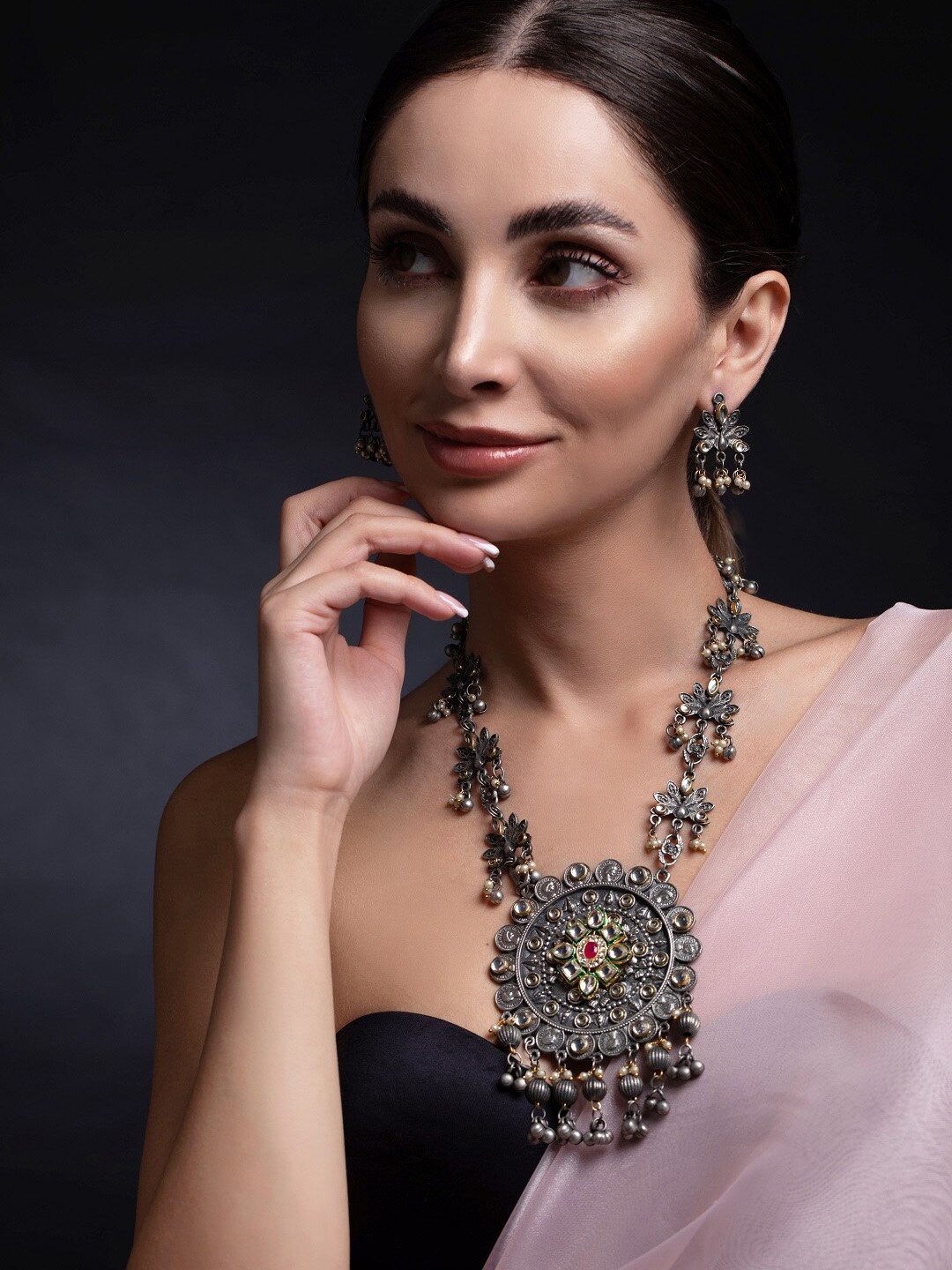 

Rubans Oxidised Silver-Plated & White Kundan-Studded Jewellery Set