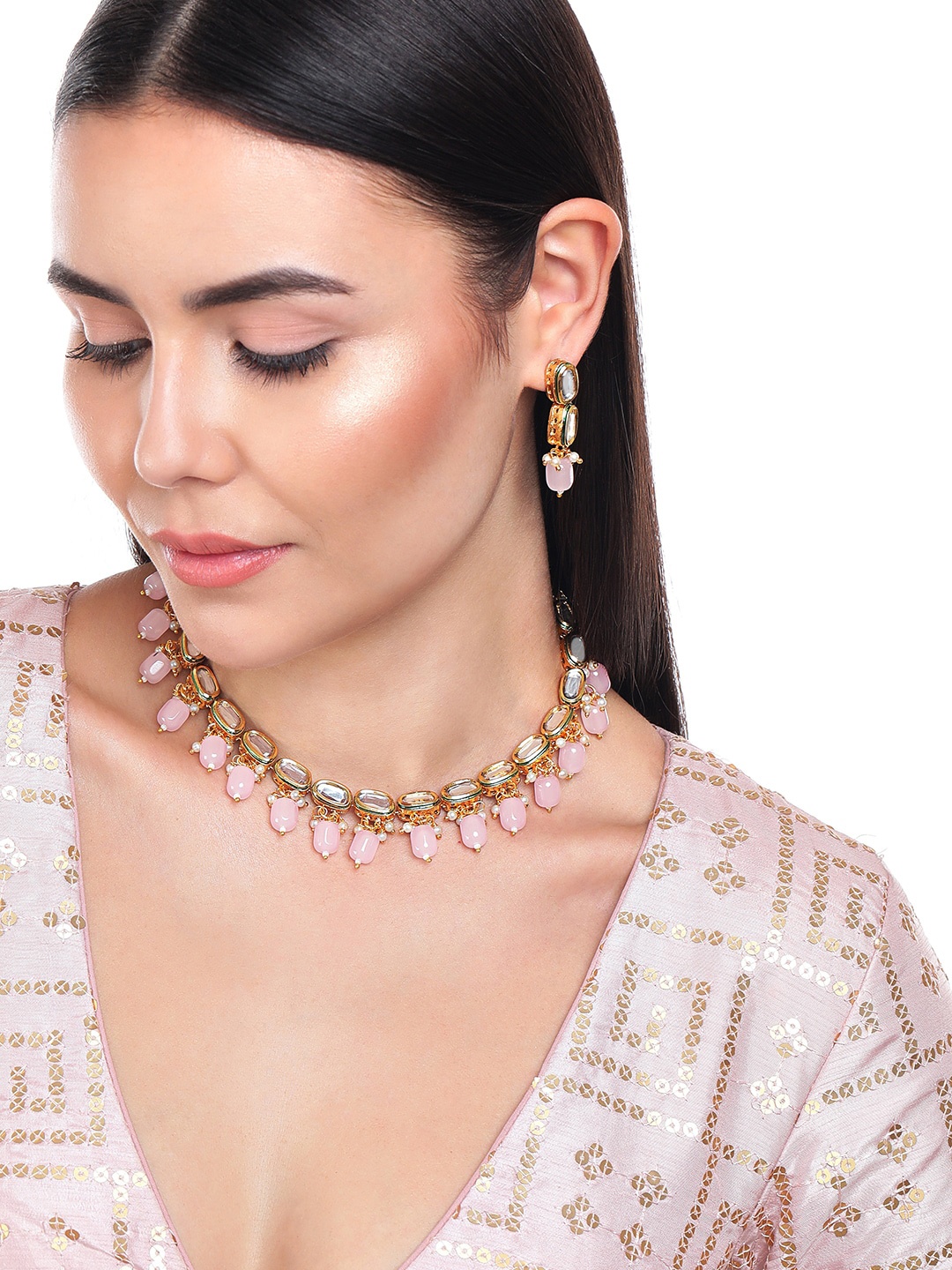 

Rubans Women Pink Gold-Plated Kundan Necklace Jewellery Set