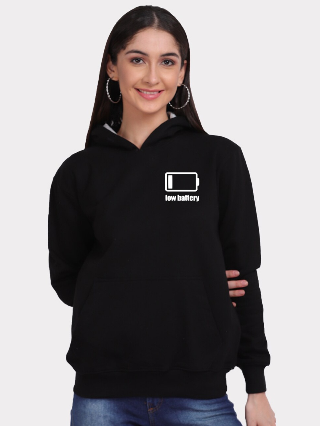 

Mad Over Print Women Black Low Battery Printed Hooded Sweatshirt