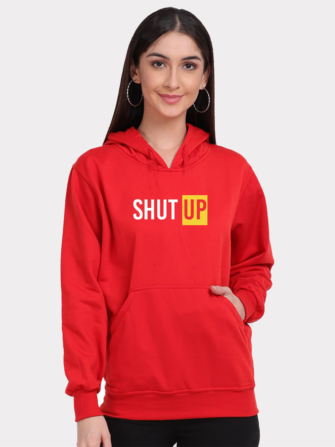 

Mad Over Print Women Red Shut Up Typography Print Hooded Sweatshirt