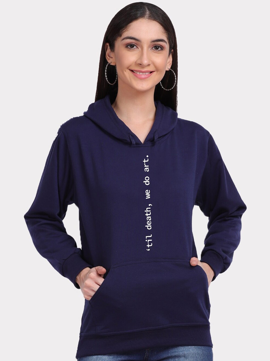 

Mad Over Print Women Navy Blue Till Death Typography Print Hooded Sweatshirt