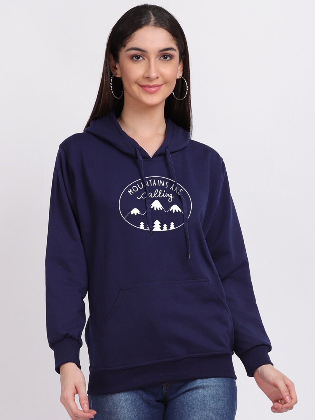 

Mad Over Print Women Navy Blue Mountain Calling Typography Print Hooded Sweatshirt