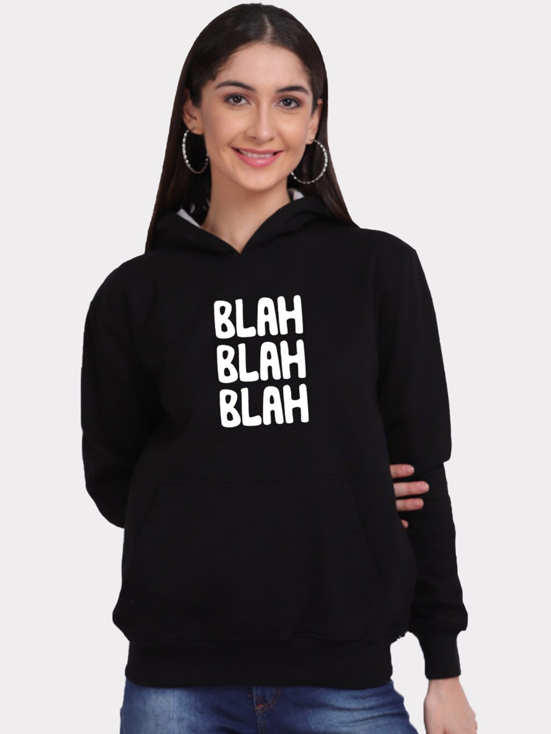 

Mad Over Print Women Black Printed Hooded Sweatshirt