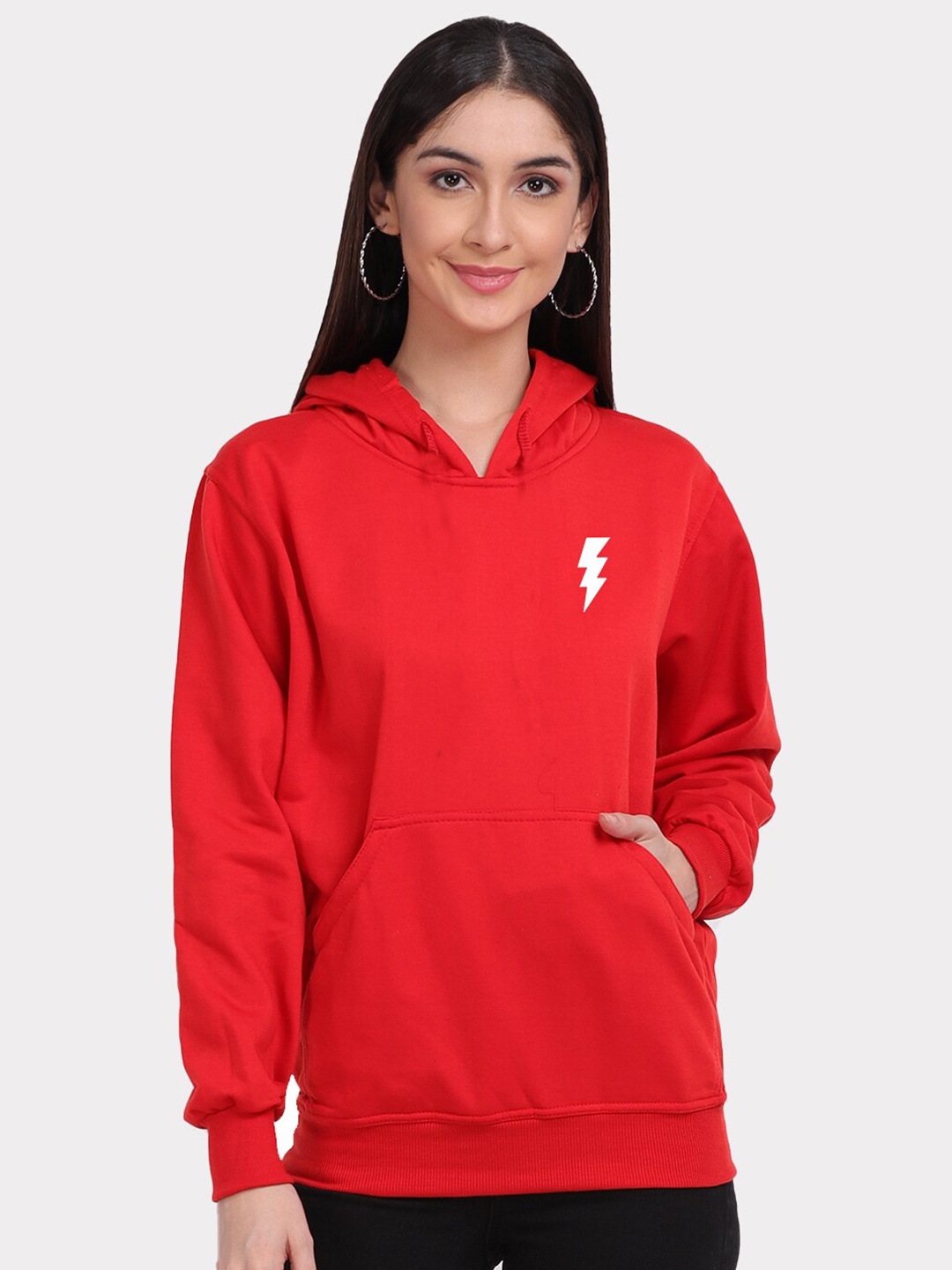 

Mad Over Print Women Red Lightning Bolt Graphic Placement Print Hooded Sweatshirt
