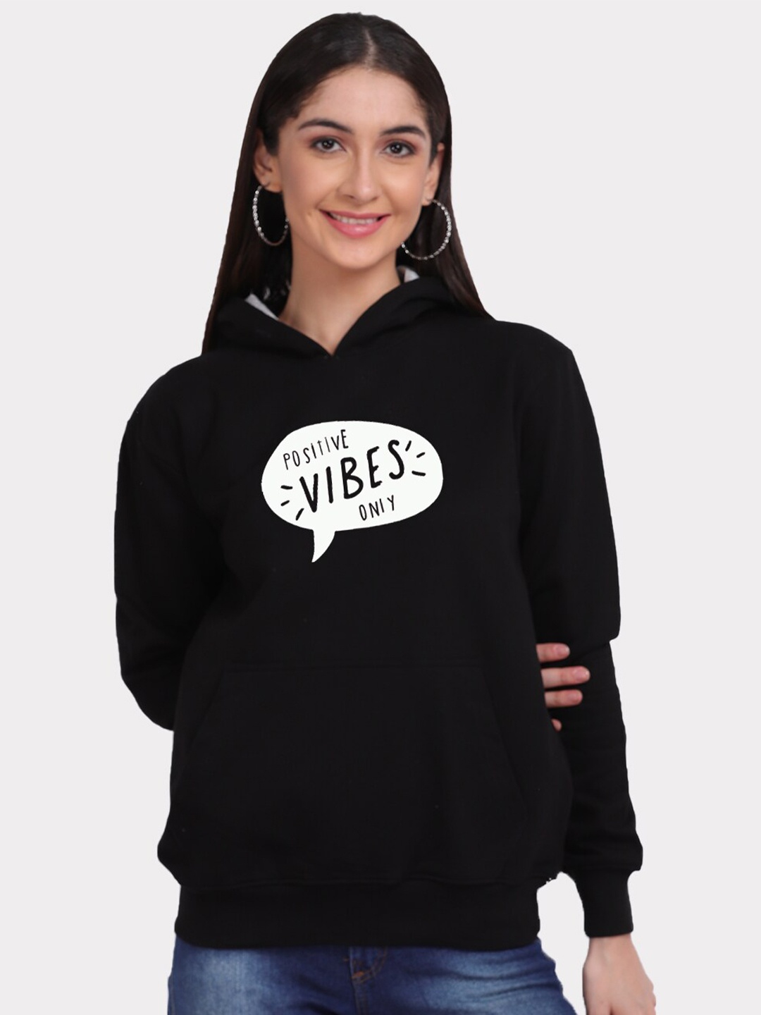 

Mad Over Print Women Black Positive Vibe Typography Print Hooded Sweatshirt