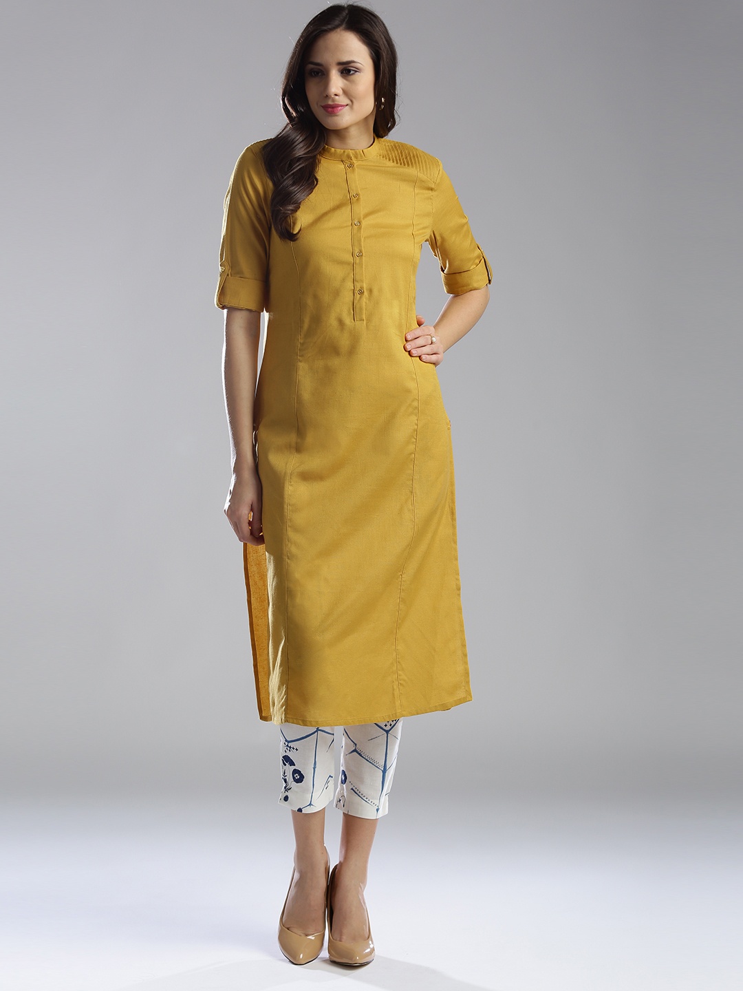 

W Women Mustard Yellow Solid Straight Kurta