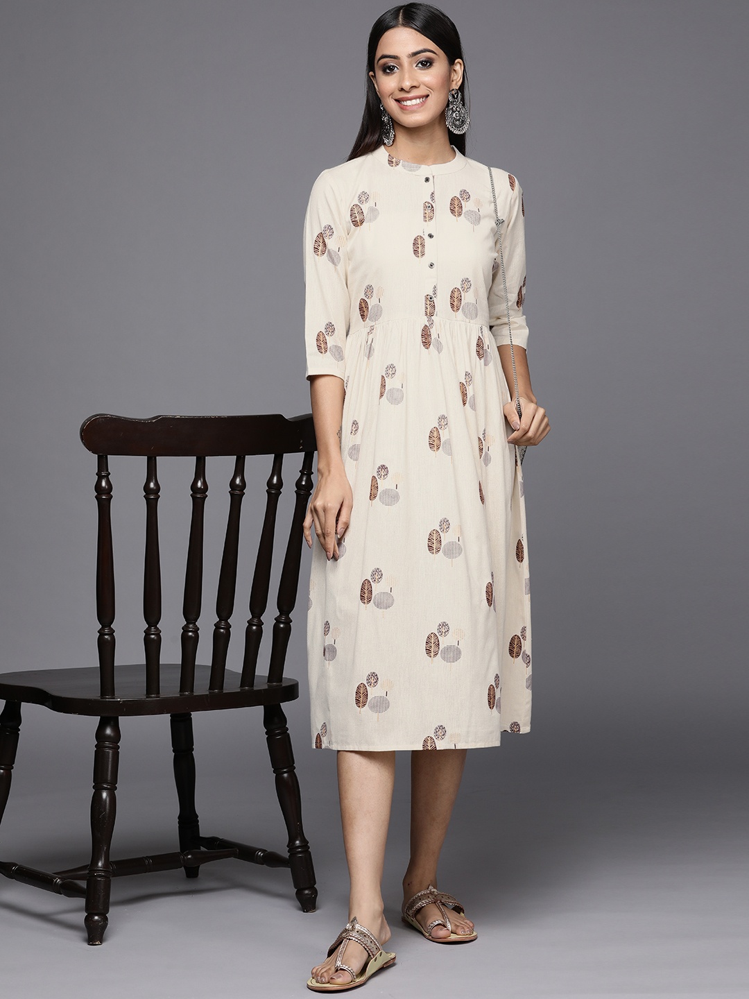 

Libas Off White & Coffee Brown Printed Cotton Ethnic Midi Dress