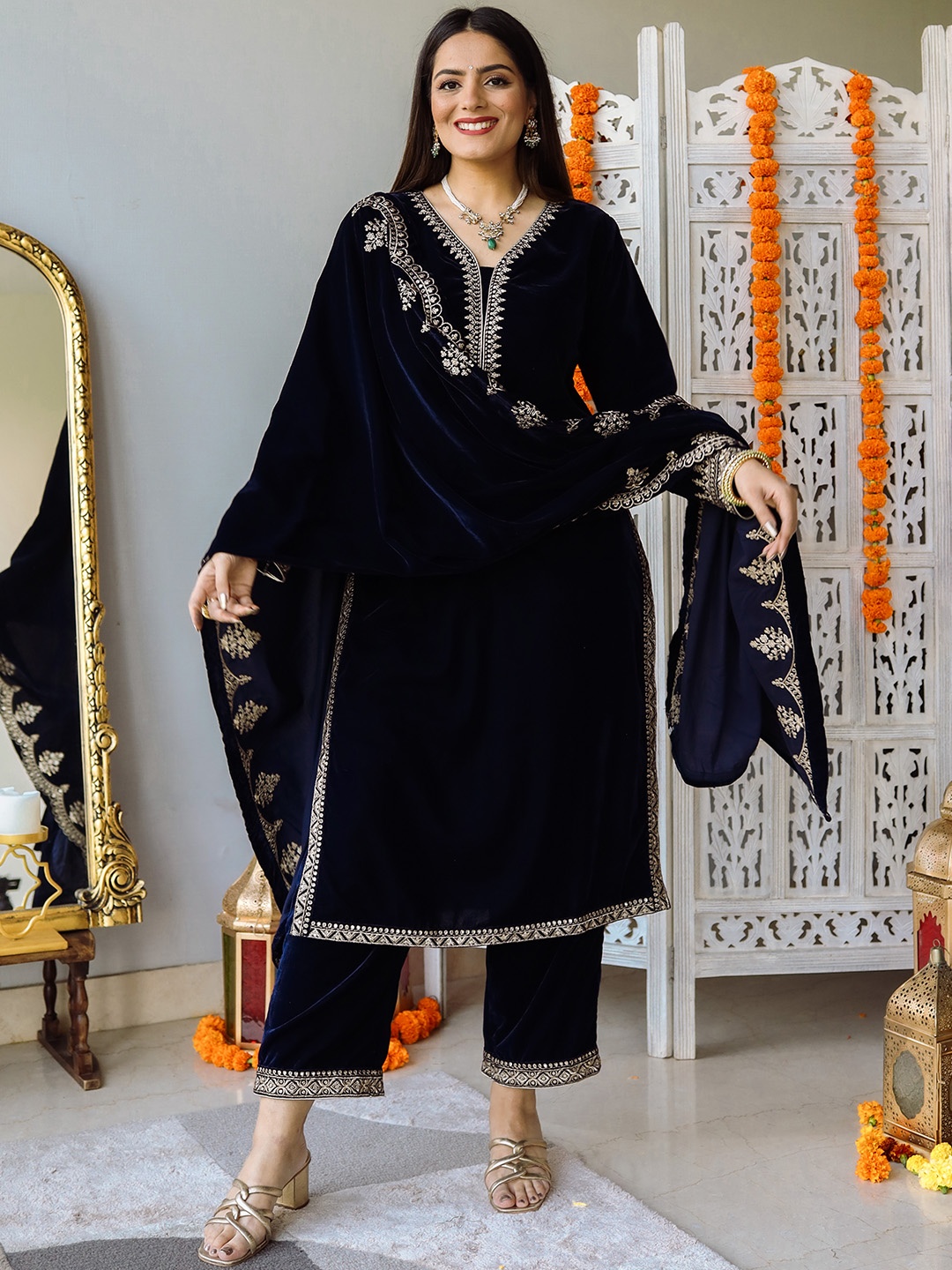 

Libas Women Navy Blue Ethnic Motifs Embroidered Velvet Kurta with Trousers & With Dupatta