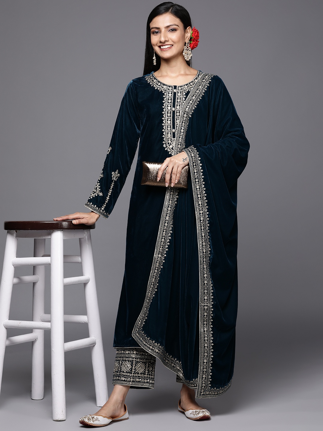 

Libas Women Teal Ethnic Motifs Embroidered Velvet Kurta with Trousers & With Dupatta