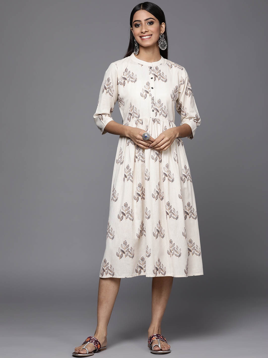 

Libas Off White & Brown Cotton Printed Fit & Flare Midi Dress