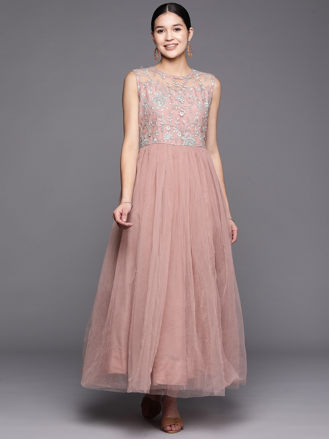 

Libas Pink Floral Embroidered Net Maxi Dress