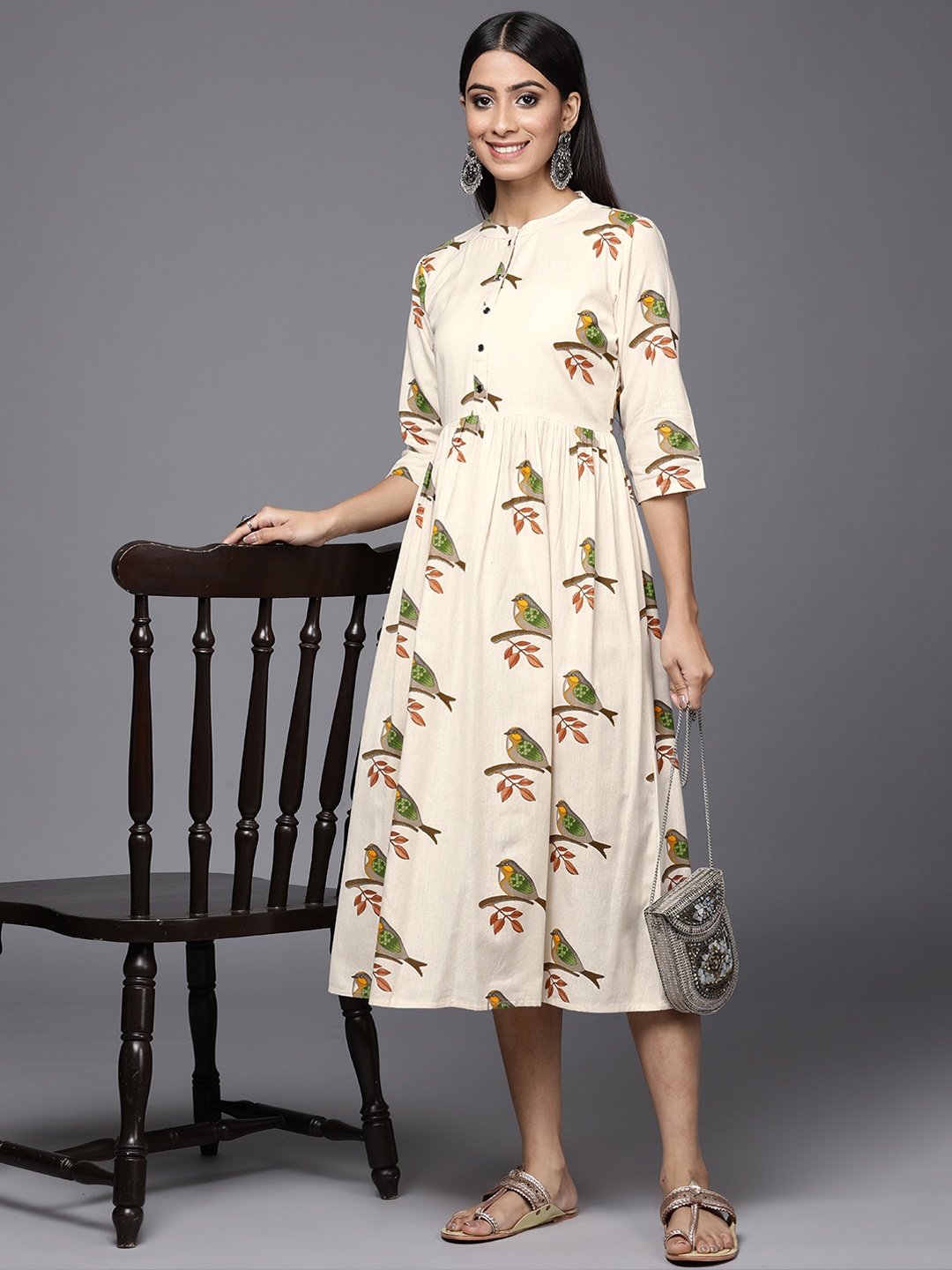 

Libas Off White & Green Printed Fit & Flare Midi Dress