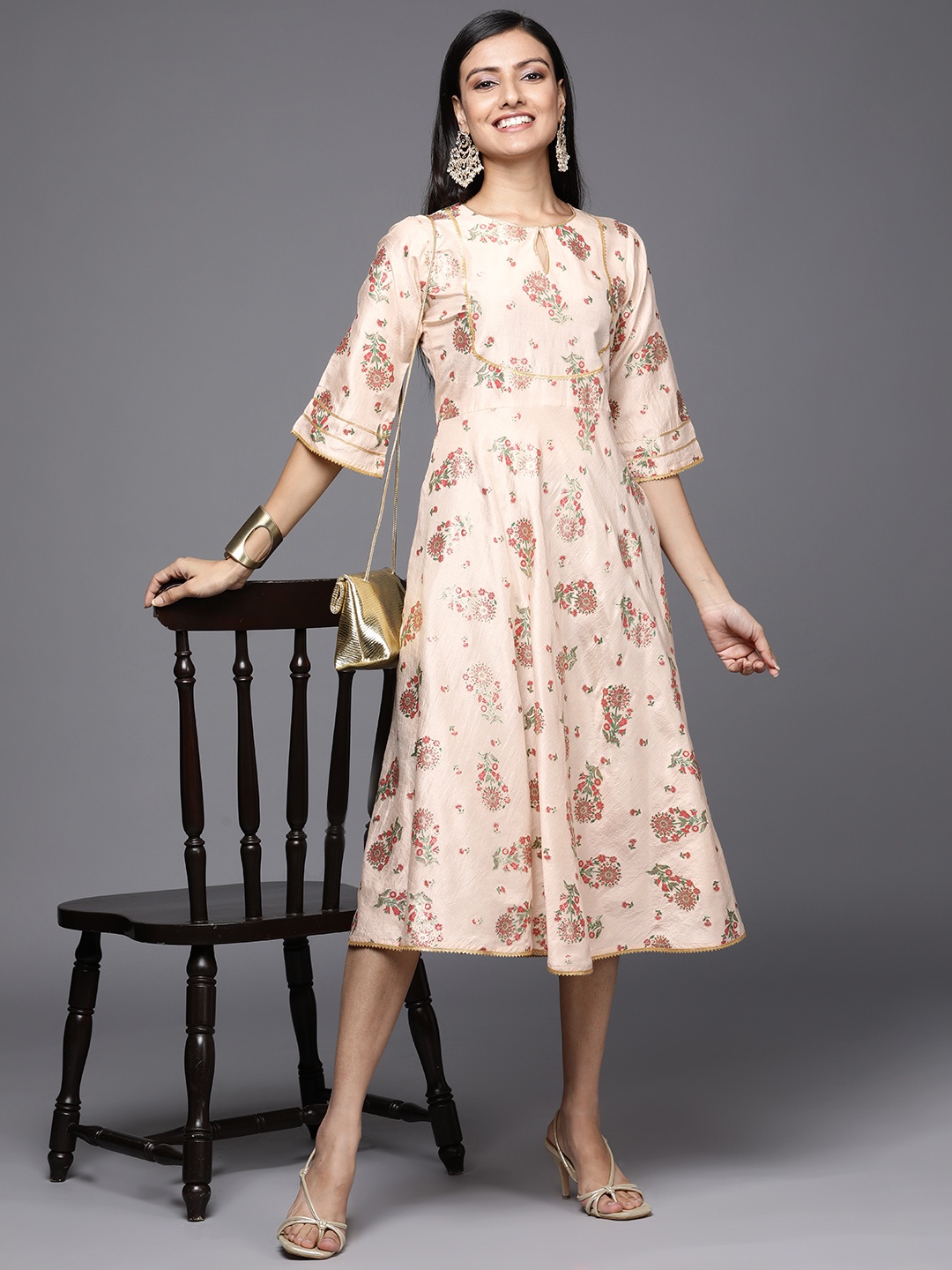 

Libas Beige Floral Keyhole Neck A-Line Midi Dress