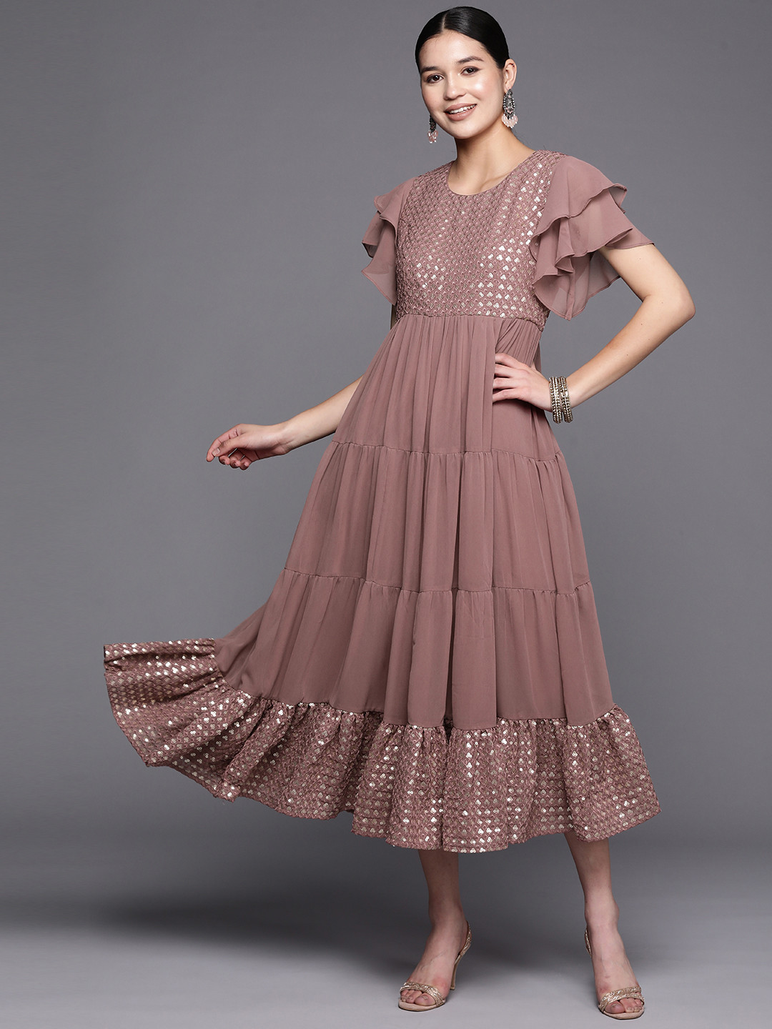

Libas Dusty Pink Solid Yoke Embellished Ethnic Maxi Dress, Rose