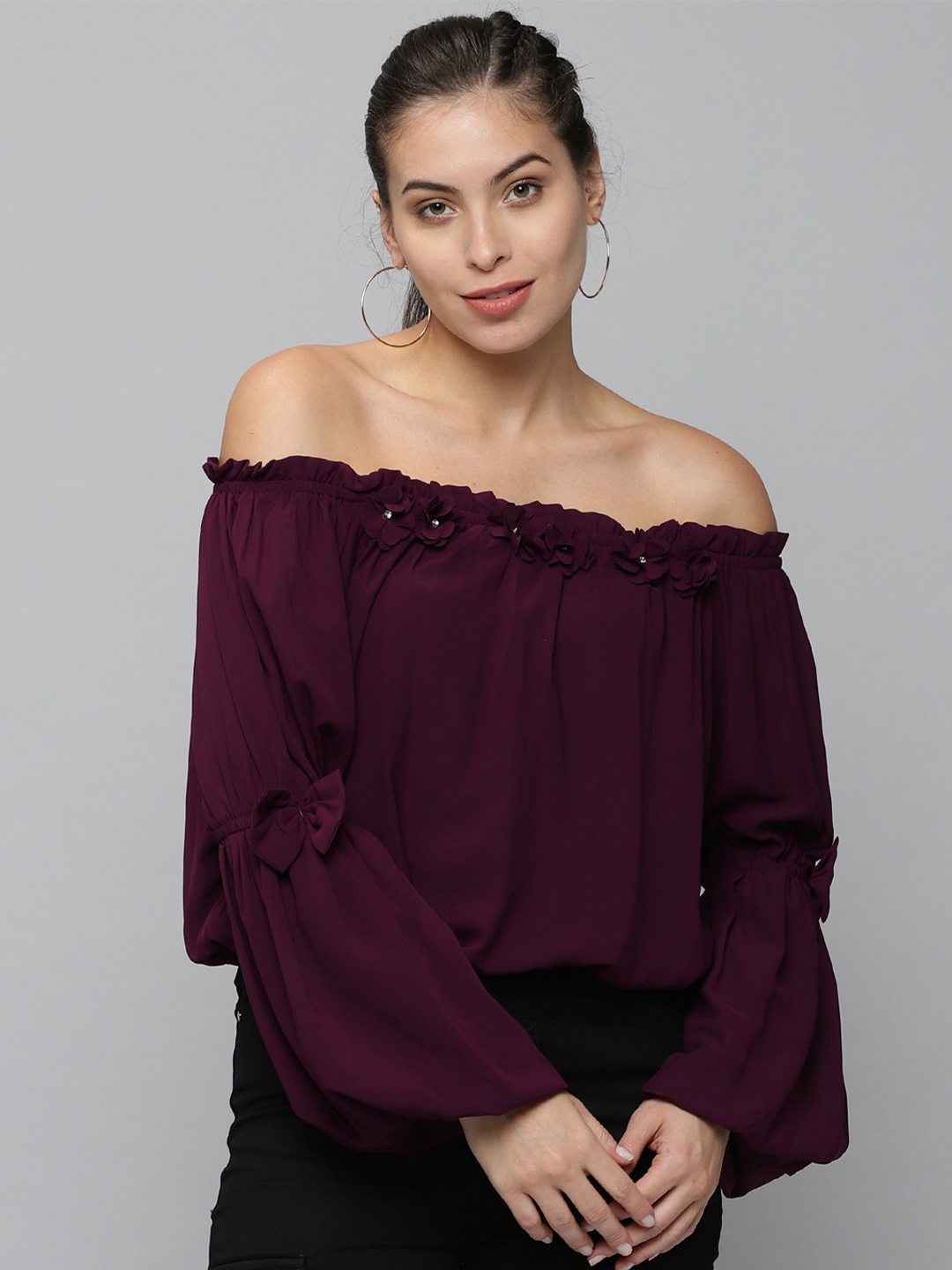 

SHOWOFF Violet Off-Shoulder Georgette Bardot Top