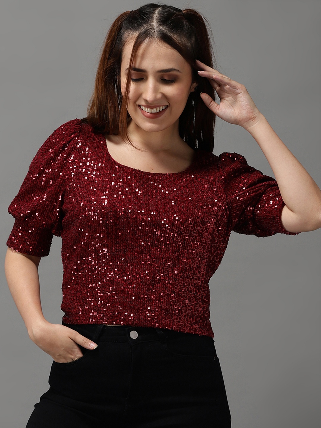

SHOWOFF Maroon Embellished Net Crop Top
