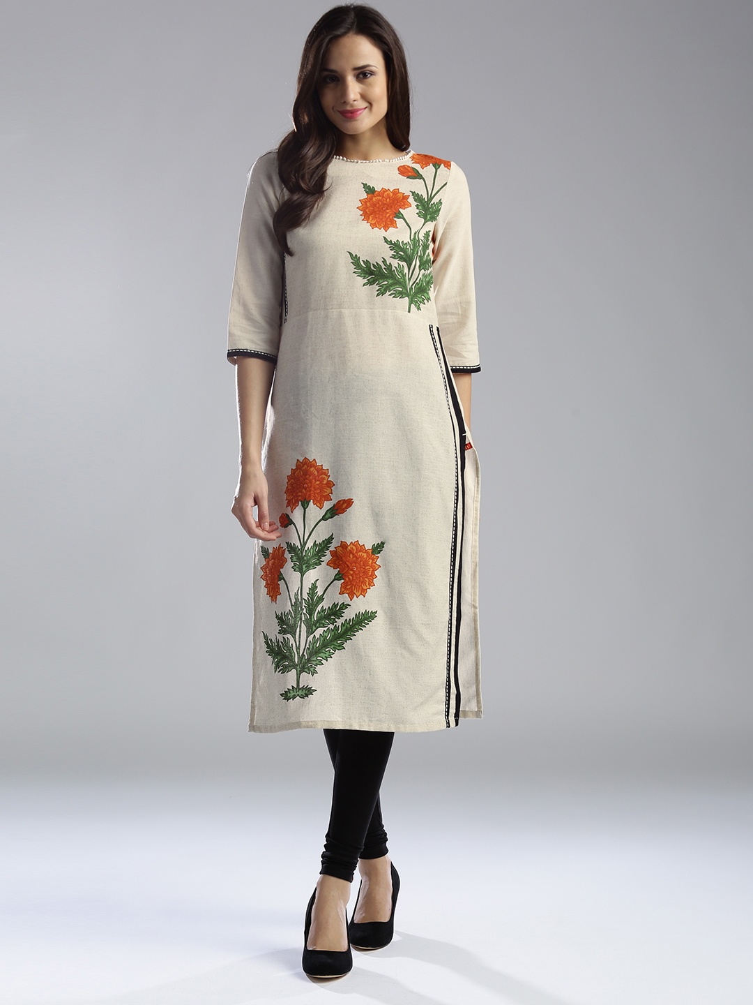 

W Women Beige Floral Printed Straight Kurta